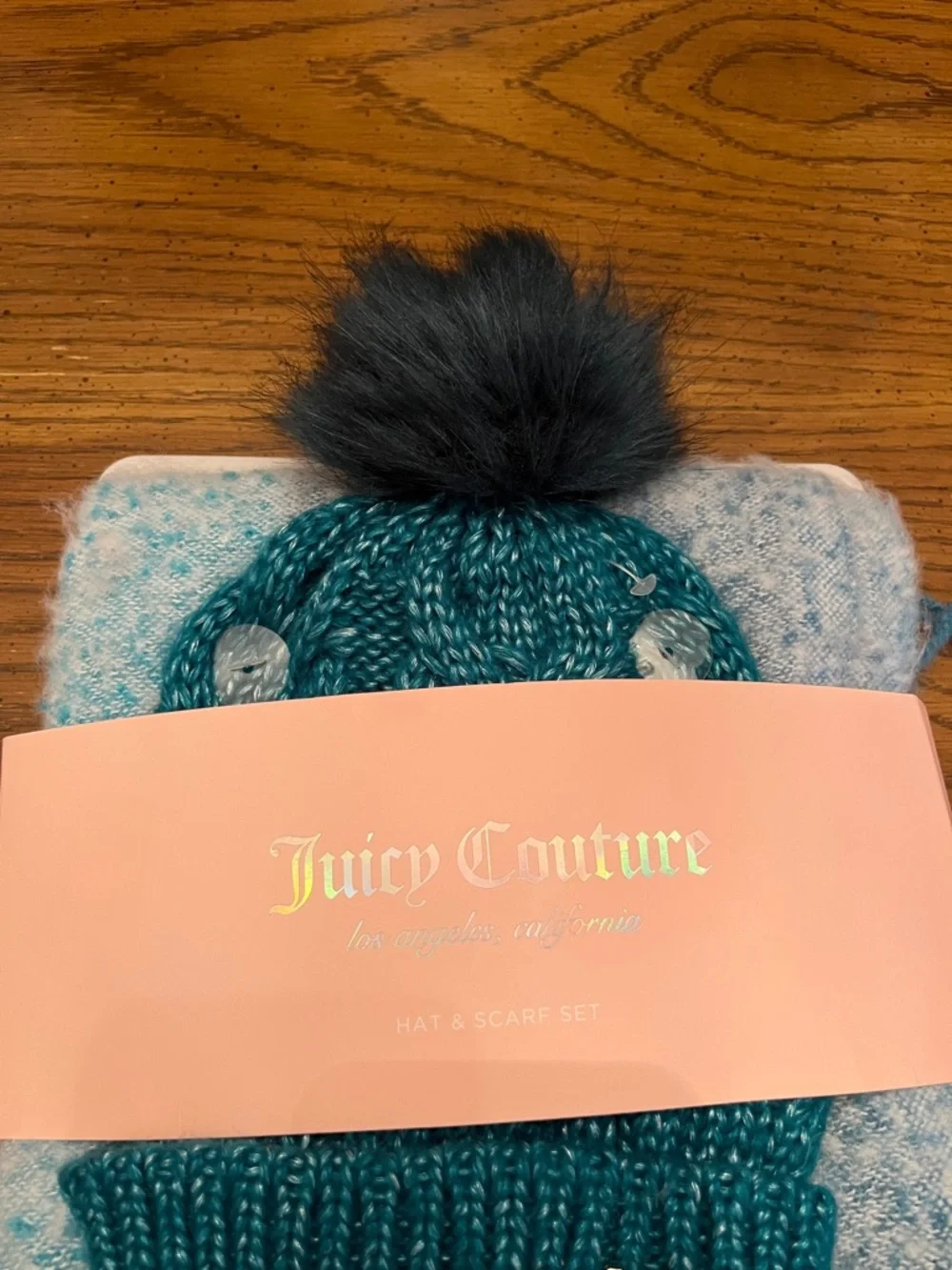 Juicy Couture Teal Knit Pom‎ Hat with Pastel Multicolor Scarf, new